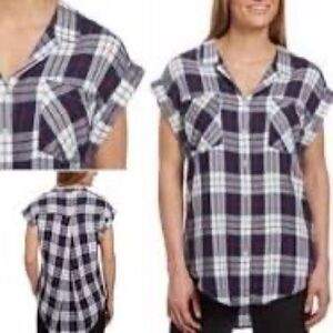 JACHS GIRLFRIENDS BLUE RAYON BLEND PLAID SHORT SLEEVE CUFFED SHIRT LARGE